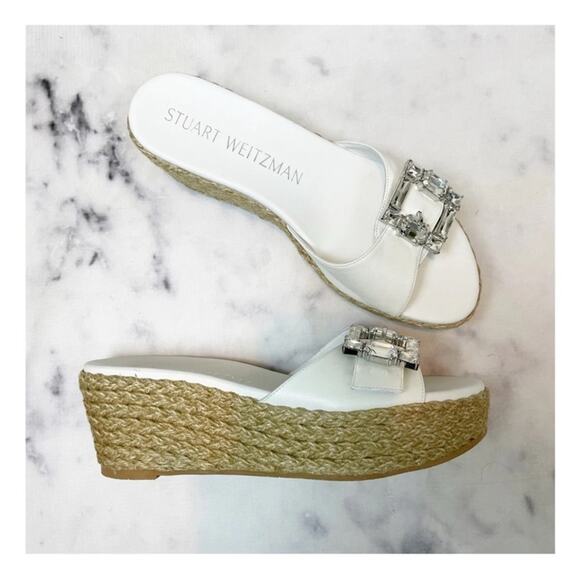 Stuart Weitzman Saint Tropez Crystal Buckle Slide Espadrille Wedge Sandals NWOB - Picture 2 of 12